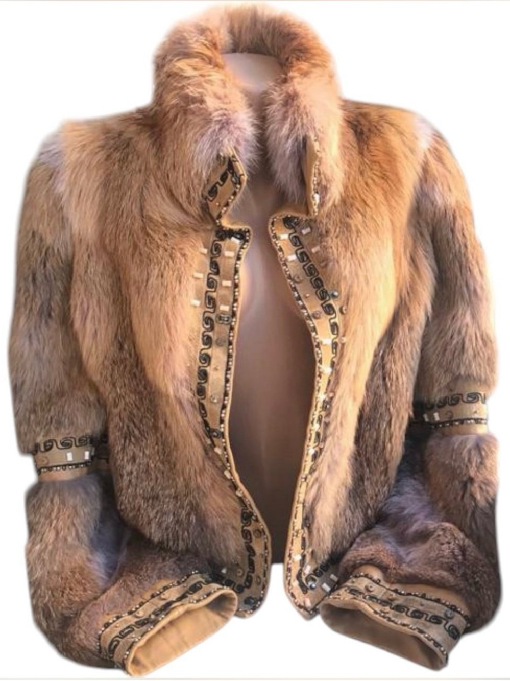 Luxurious Tan Fox Fur Jacket with Embellished Trim - Picture 2 of 11